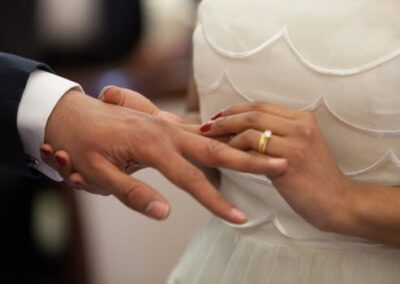 Bride putting ring on grooms hand