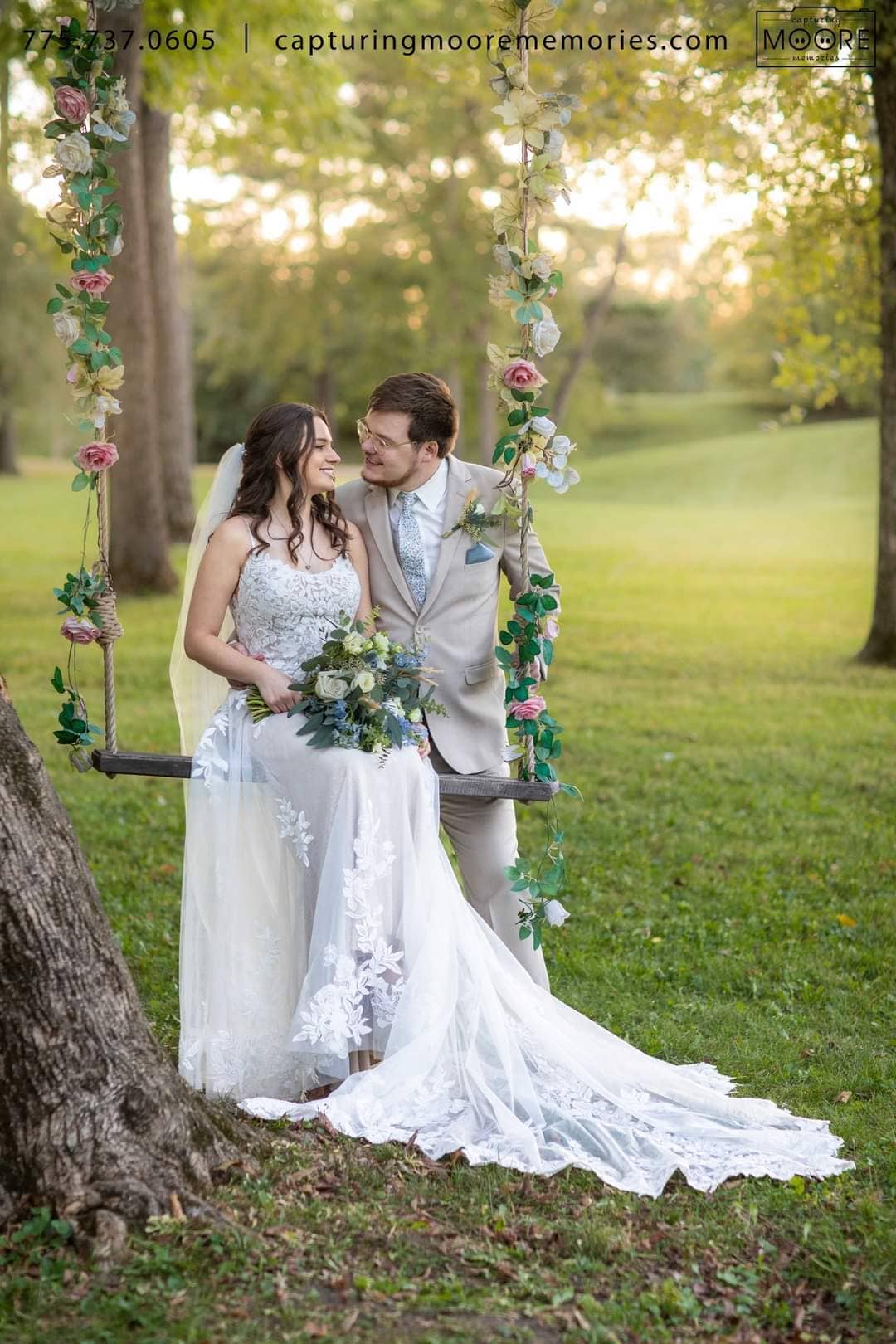 Kennedy Estates - Lizton Indiana Wedding photographer -  Couple outside on swing in wedding dress and suit 