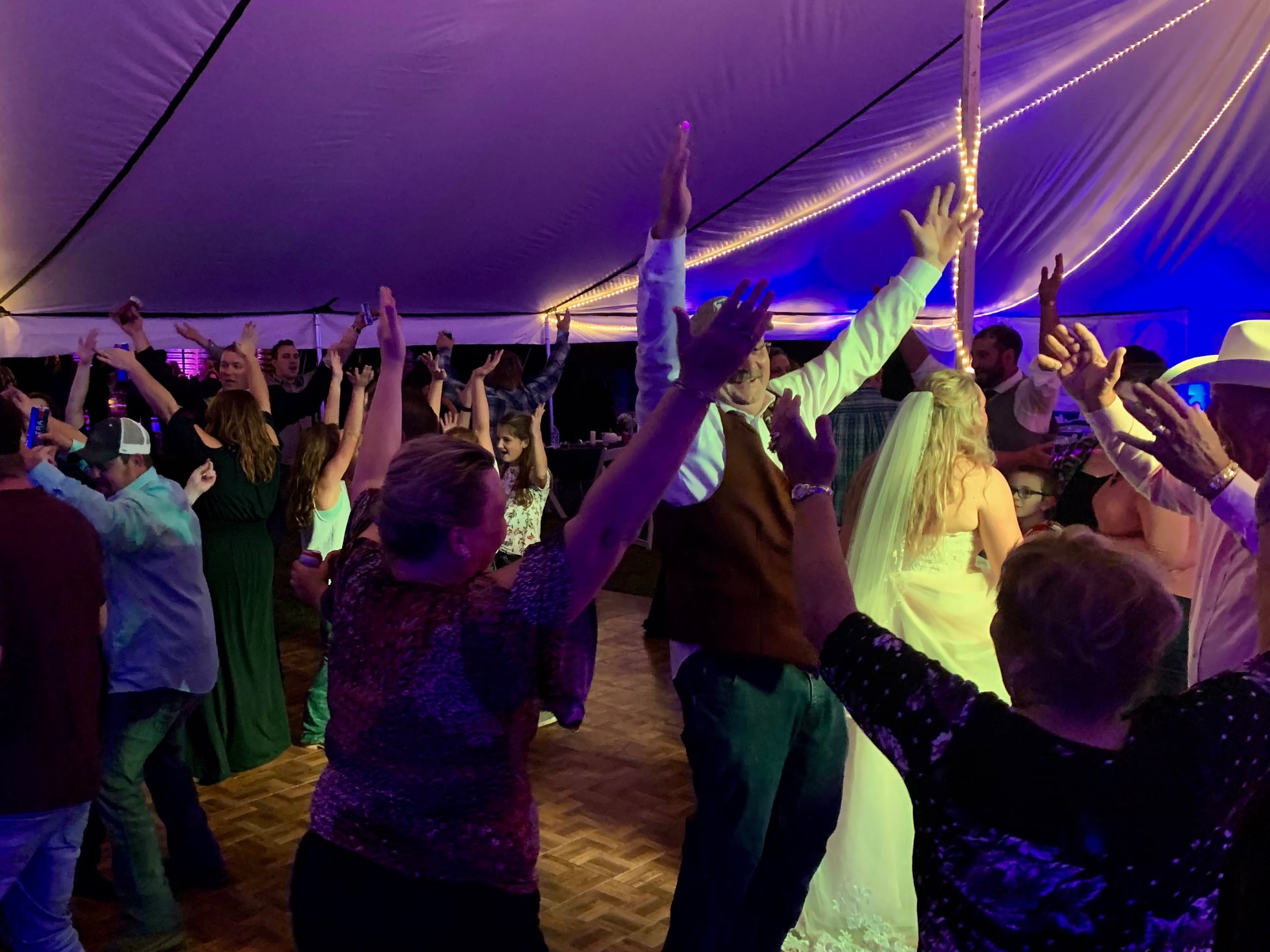 People celebrating at a wedding in a tent with purple uplighting.